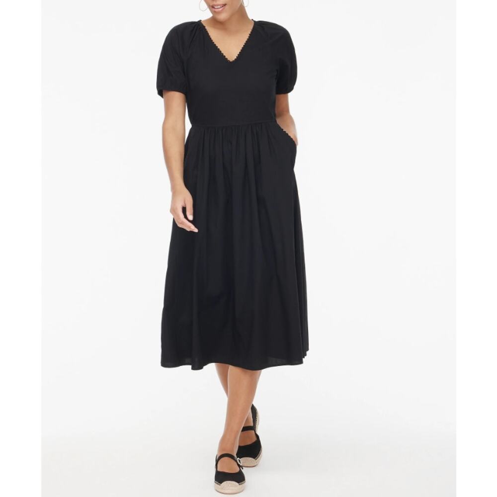 J.Crew Lace Trim Midi Dress WMNS 6 Black Puff Short Sleeve V-Neck Gathered Waist